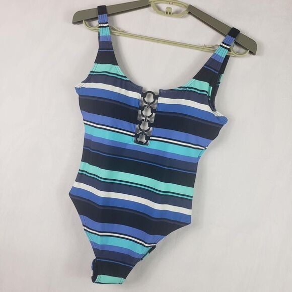 Michael Michael Kors Swimsuit Womens 8 Black Multi Stripe One Piece O-Ring - Picture 4 of 13